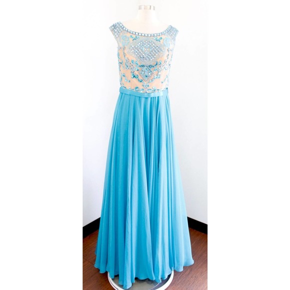 Sherri Hill Turquoise Blue Nude Mesh Beaded Prom Formal Dress Gown Size 12